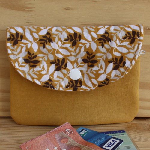 Porte monnaie feuillage blanc, brun et moutarde