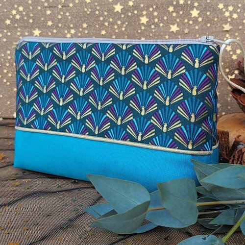 Trousse maquillage, trousse à maquillage motif paon doré et bleu canard