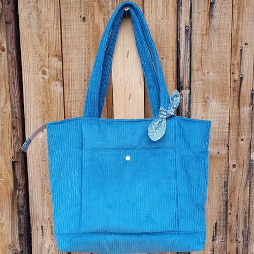 Sac cabas velours bleu, sac à main