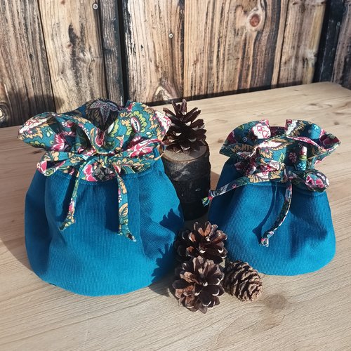 Pochon en velours milleraies bleu canard, panière