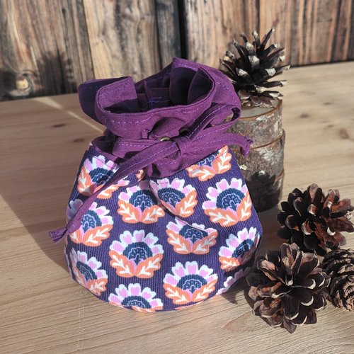 Pochon en velours milleraies fleurs violettes, panière