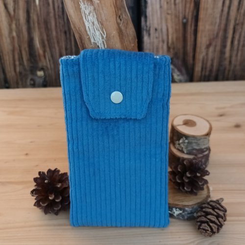 Etui telephone velours cotele bleu