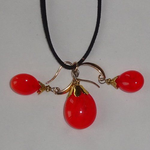Parure pendentif + pendants perle d'art, lampwork,murano, verre filé cl.1102