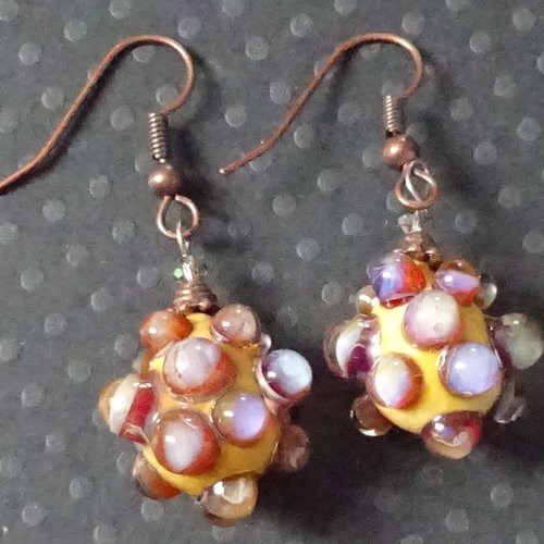 Pendants d'oreille, lampwork, verre filé, perle au chalumeau, bcl.3150