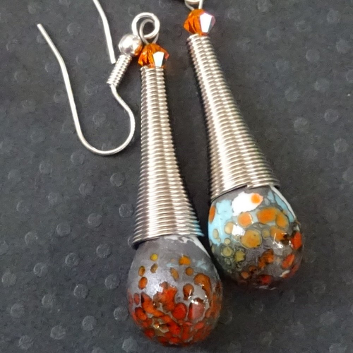 Pendants d'oreille, lampwork, verre filé, perle au chalumeau, bcl.3167