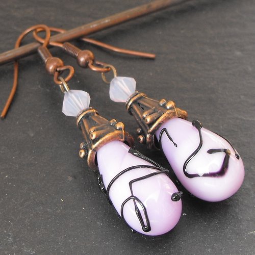 Boucles d'oreille, lampwork, verre filé, verre de murano, bcl.2389