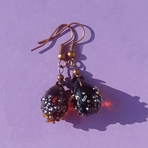 Pendants d'oreille, lampwork, verre filé, perle au chalumeau, bcl.3445