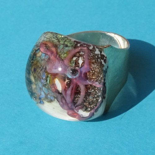 Bague cabochon, lampwork, verre filé, verre de murano, bag.1690