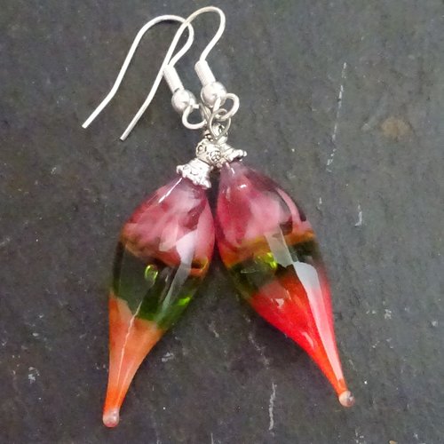 Boucles d'oreille, lampwork, verre filé, verre de murano, bcl.3004