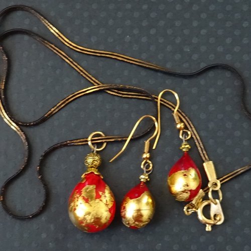 Parure pendentif + boucles assorties, verre de murano, verre filé, lampwork, cl.1053