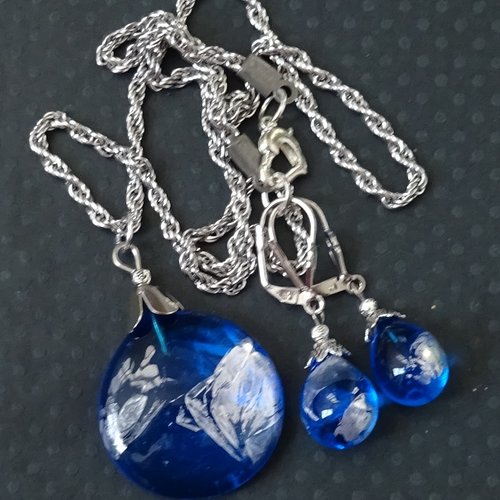 Parure pendentif + boucles assorties, verre de murano, verre filé, lampwork, cl.1055