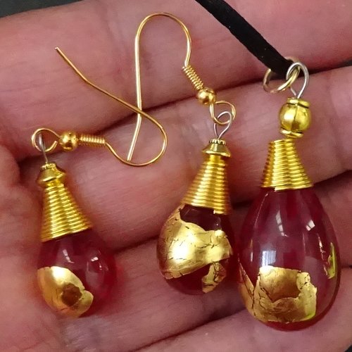 Parure pendentif + boucles assorties, verre de murano, verre filé, lampwork, cl.1060