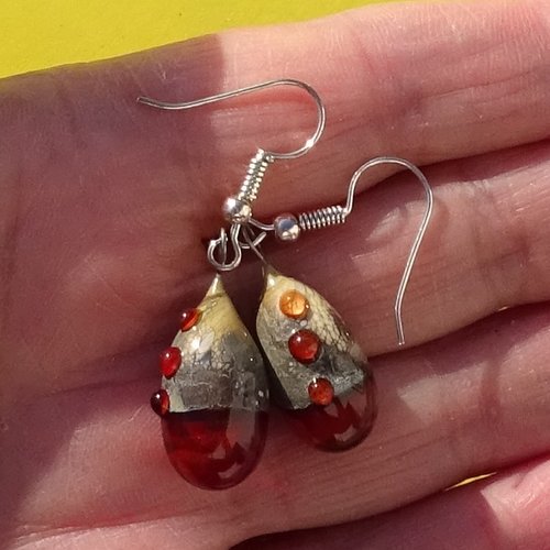 Pendants d'oreille, lampwork, verre filé, perle au chalumeau, bcl.3499