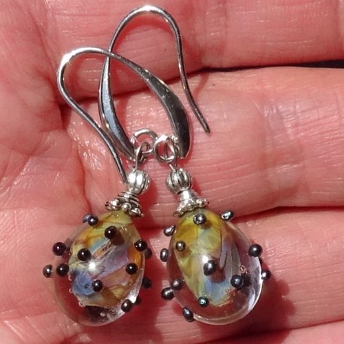 Pendants d'oreille, lampwork, verre filé, perle au chalumeau, bcl.3326