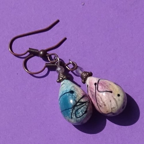 Pendants d'oreille, lampwork, verre filé, perle au chalumeau, bcl.3349