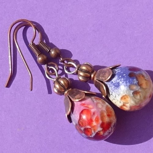 Pendants d'oreille, lampwork, verre filé, perle au chalumeau, bcl.3353