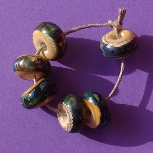 Set de 6 petites perles lampwork, verre filé, murano, perl.5841