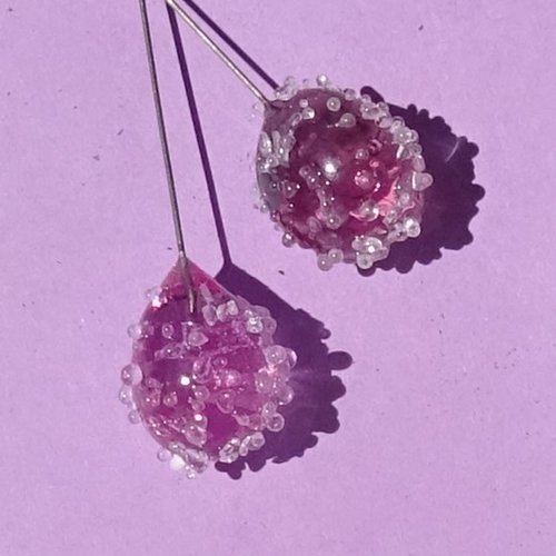 Duo de headpins "givrés" en verre filé, lampwork,perl.6058