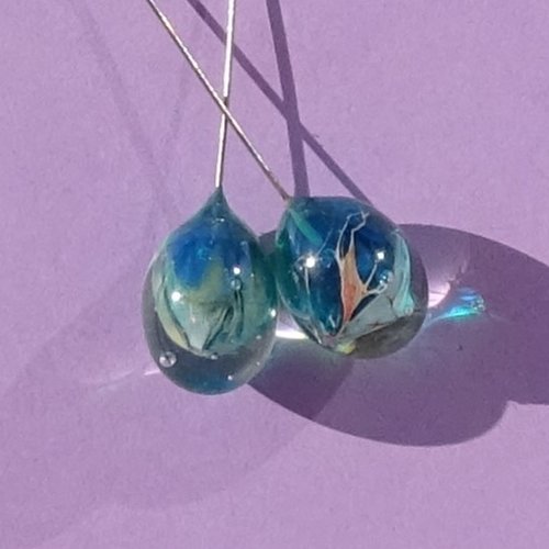 Lot 2 headpins en verre filé, lampwork, verre de murano, perl.6329