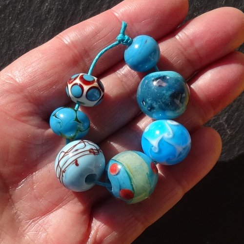 Lot de 7 perles en verre de murano, verre filé, lampwork, perl.6368