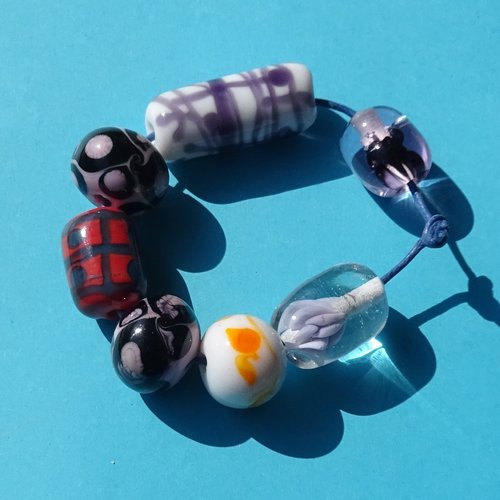 Lot de 7 perles filées au chalumeau, lampwork, verre filé, murano perl.6421