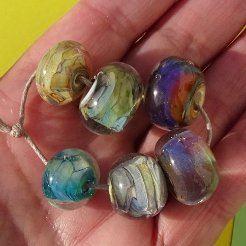 Lot de 6 perles murano, verre filé, perl.6520