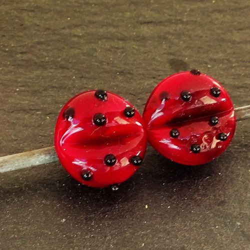 Coccinelles, lampwork,duo de boutons en verre de murano perl.2473