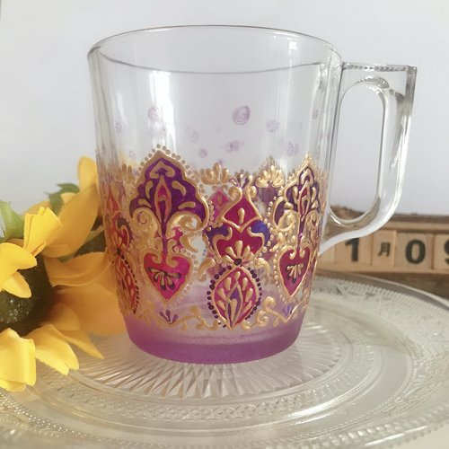 Tasse peinte à la main, violet,motif floral vintage,pièces originales et uniques,tasse de café / thé