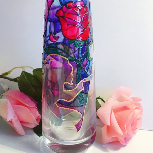 Cadeau personnalisé peint à la main en vitrail, vase lampe,vase en verre rond,une rose