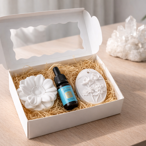 Coffret cadeau bien-être – diffuseurs parfumés en plâtre avec huile essentielle offerte – décoration zen fait main