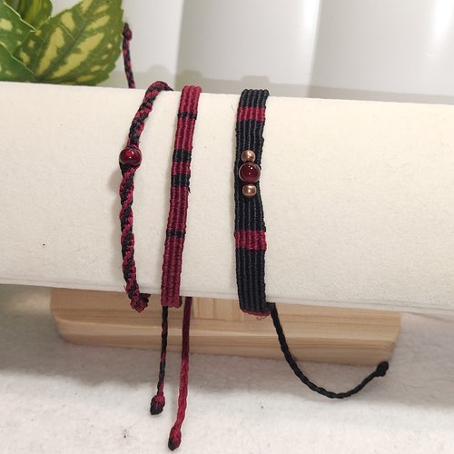 Trio de bracelets ajustables en micro-macramé et pierres naturelles
