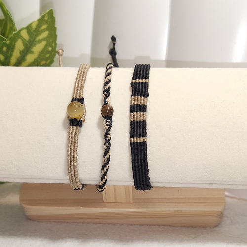 Trio de bracelets ajustables en micro-macramé et pierres naturelles