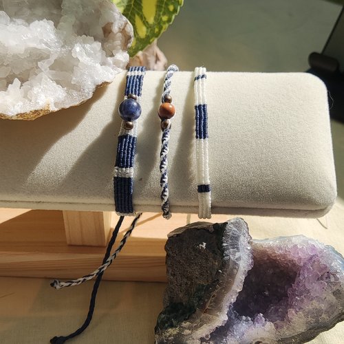 Trio de bracelets en micro-macramé et pierres naturelles pour hommes ou femmes