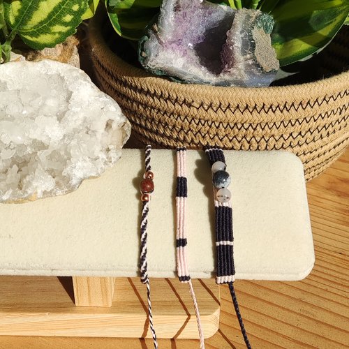 Trio de bracelets en micro-macramé et pierres naturelles pour hommes ou femmes