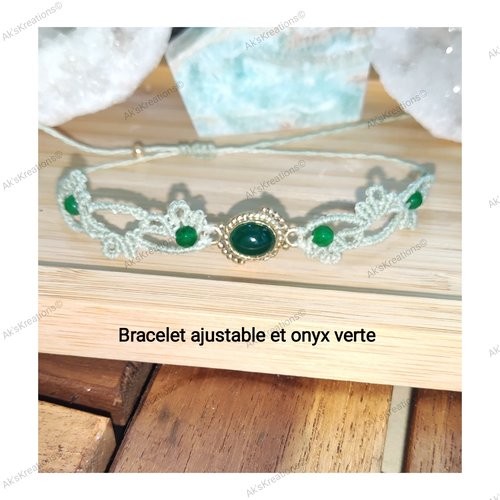 Bracelets ajustables en micro-macramé et onyx verte