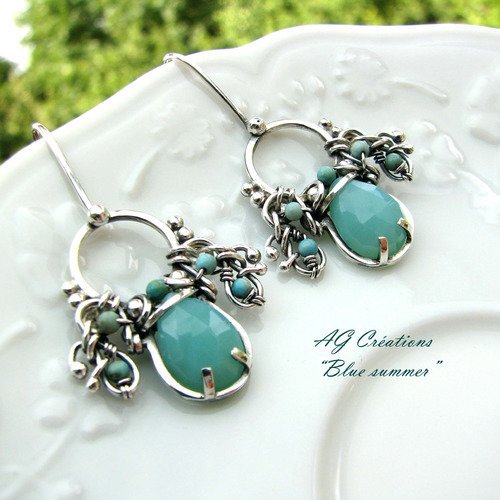 Boucles d'oreilles wire wrapping fil torsade argent massif "blue summer"  ag créations