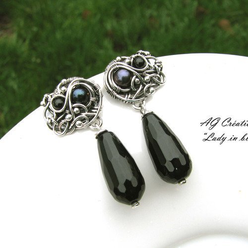 Boucles d'oreilles wire wrapping fil torsade argent massif "lady in black"  ag créations