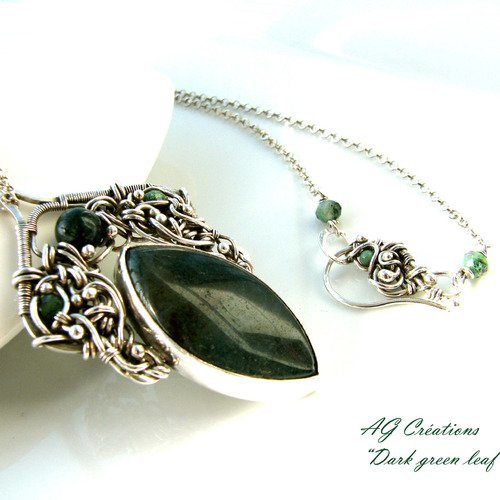 Collier argent massif wire wrapping "dark green leaf" aleksandra ruchaud ag créations