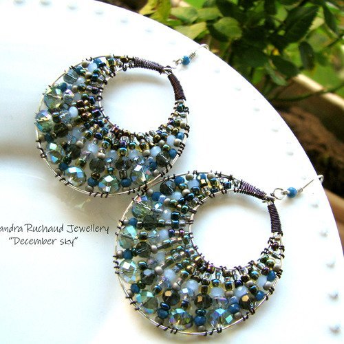 Boucles d'oreilles creoles tissees ovales "december sky"   aleksandra ruchaud ag créations