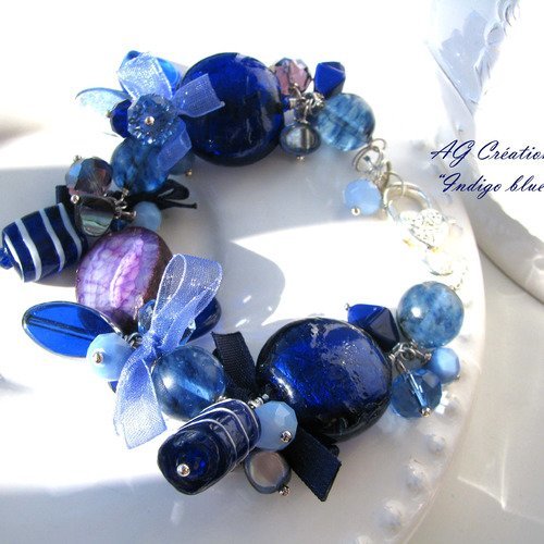 Bracelet a breloques perles & ruban "indigo blue"  ag créations