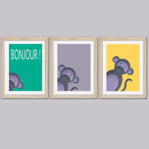 3 affiches animaux pour enfant, singe, bonjour 