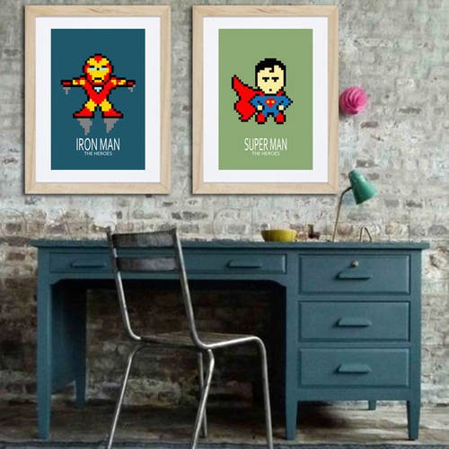 2 grandes affiches superman et iron man; style original