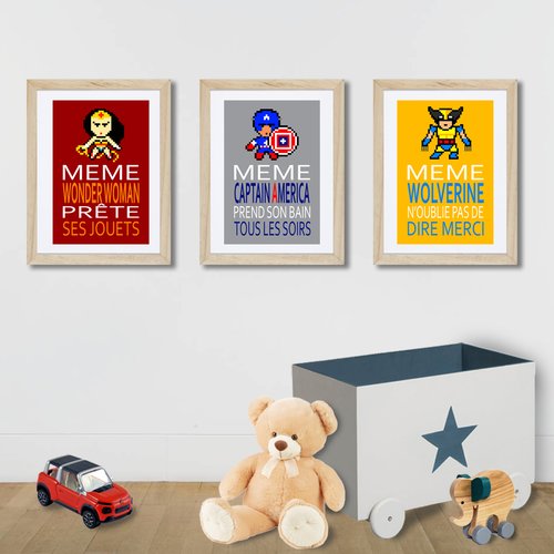 3 affiches superhéros et citation humoristique, chambre enfant ou salle de bain, affiche citation, cadeau pour garçon