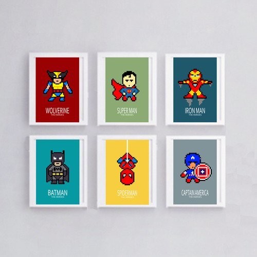 6 affiches superhéros, avec gros pixels, décoration murale, chambre enfant