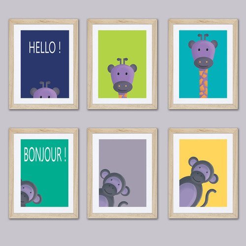 6 affiches animaux pour enfant, girafe et singe, décoration garçon