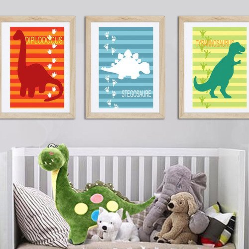 3 affiches dinos colorées pour chambre d'enfant 