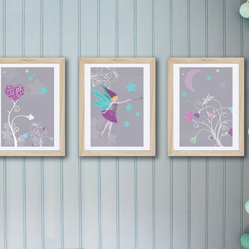 3 affiches avec fée, gris, rose, violet, décoration fille 
