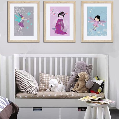 3 affiches de fées et une petite geisha pour décoration enfant 