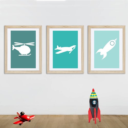 3 affiches enfant avion, fusée, hélicoptère