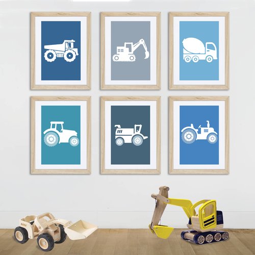 6 affiches tracteurs et engins de chantier pour enfant